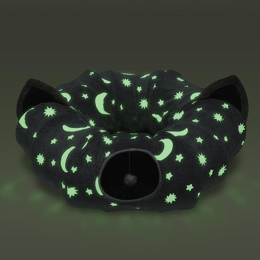 Cat Tunnel Bed Tube with Cushion and Plush Ball Toy Playground Crinkle Collapsible Flannel Fabric 3FT for Large Cats Kittens Kitty Small Animals Puppy Grey Moon Star，Automatic Glow at Night Pet Supplies Cat Stuff Cat Toys Cattree Cat Accessories