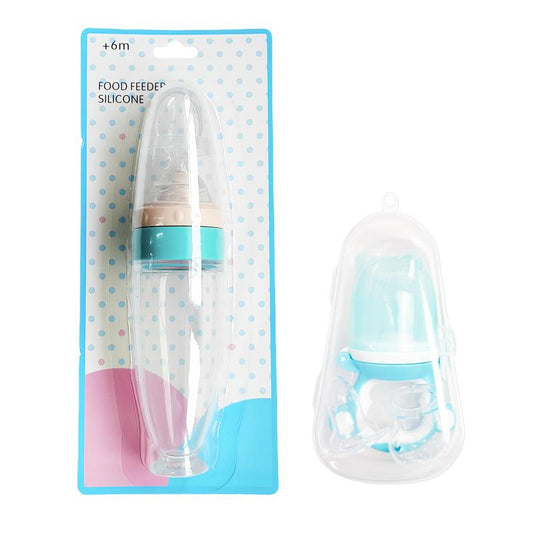 Baby Food Feeder Set, Fruit Feeder with Diffrent Size Nipple, Silicone Dispensing Spoon, 3 Oz Squeeze Feeding Spoons with Suction Cup - Self Feeding Bottle Spoon